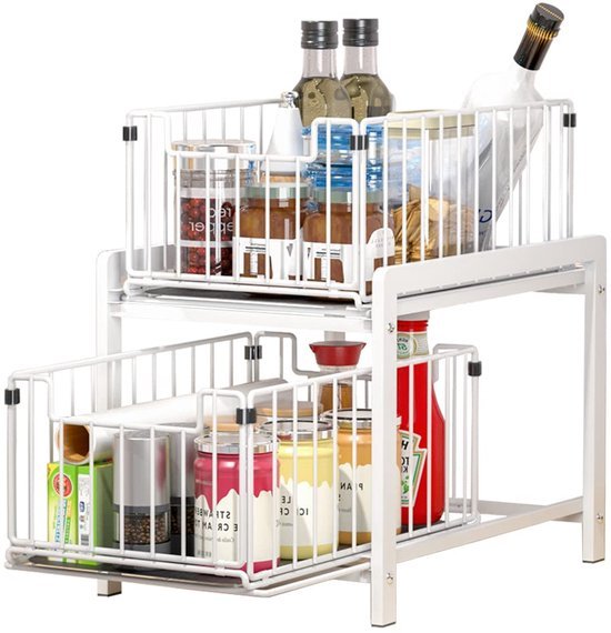 Unyqoos ® Stijlvol en Praktisch Keuken- en Badkamer Organisatierek met Dubbele Schuifmanden voor Efficiëntie