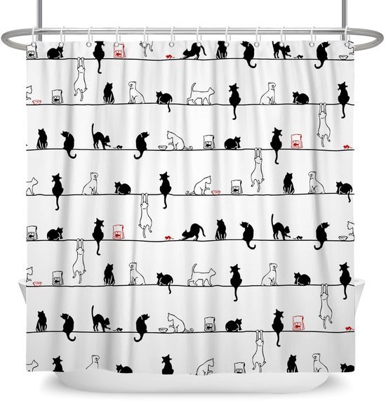 Unyqoos® Dierenprint Douchegordijn 180x180cm met Leuke Zwarte en Witte Kat op Touw Inclusief Haken