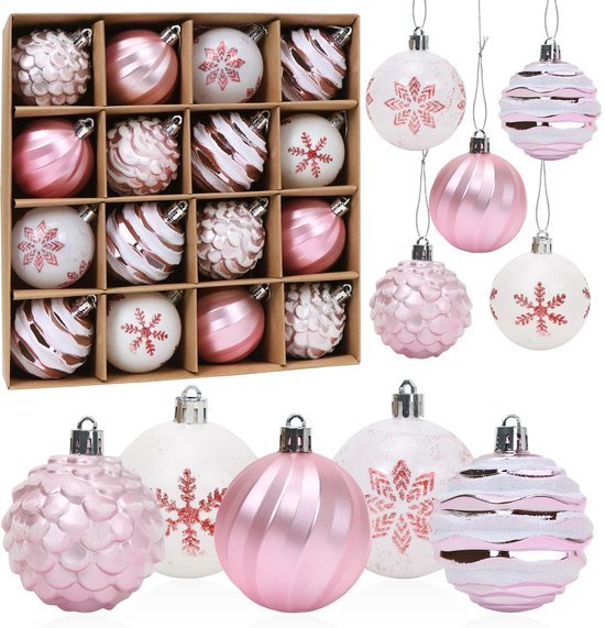 Unyqoos® Set van 16 roze en witte kerstballen voor feestelijke boomdecoratie