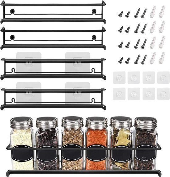 Unyqoos® Kruidenrek Met Zelfklevende Installatie Voor Keuken, Wandmontage Zonder Boren, 4-Delige Set, Metaal, Zwart