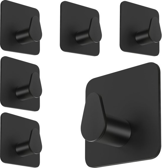 Unyqoos® Set van 6 zwarte zelfklevende haken voor eenvoudige montage zonder boren
