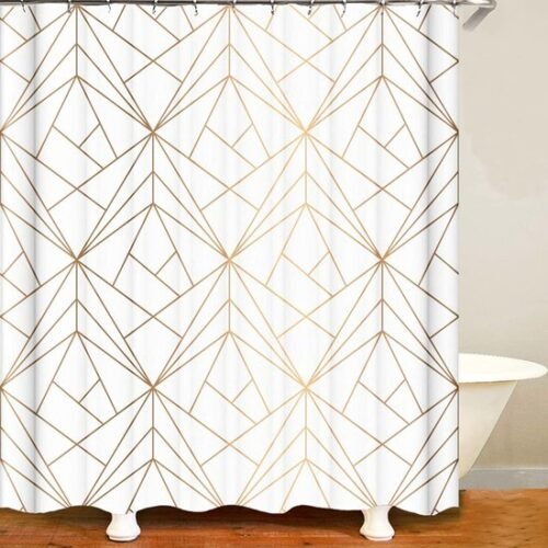 550x573-37.jpg Unyqoos® Stijlvol Geel Driehoeken Douchegordijn met Gouden Accenten en Antischimmeleffect