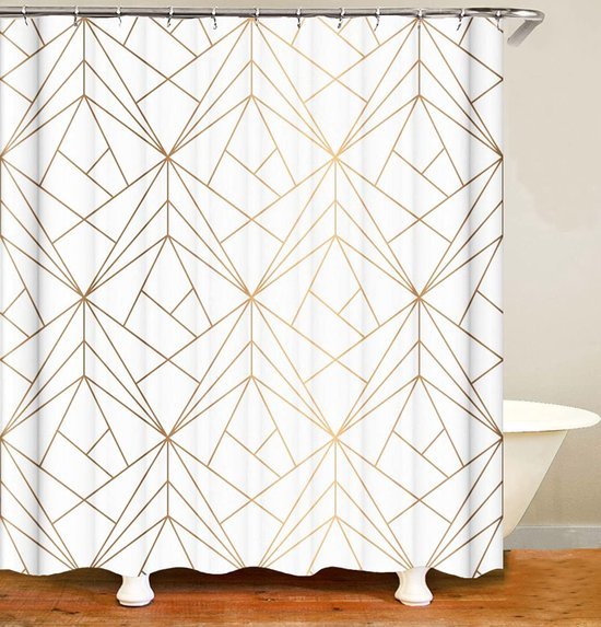 550x573-37.jpg Unyqoos® Stijlvol Geel Driehoeken Douchegordijn met Gouden Accenten en Antischimmeleffect