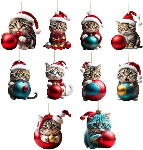 Unyqoos® Set van 10 Acryl Katten Ornamenten voor Kerstboom en Interieurdecoratie