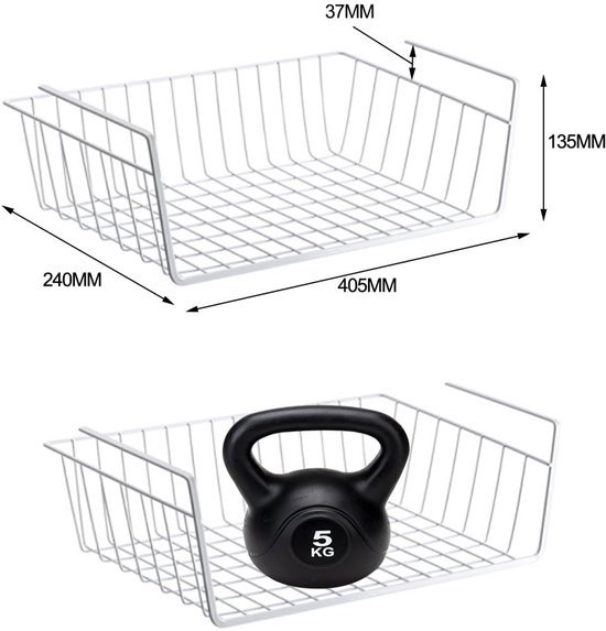 Unyqoos ® Onderstelling opbergmand, 2 stuks hangmand, metalen hangmand, rek onder kast, hangmand, metalen mandorganizer, rekmand voor keuken, kantoor, eetkamer, badkamer, kast (wit)