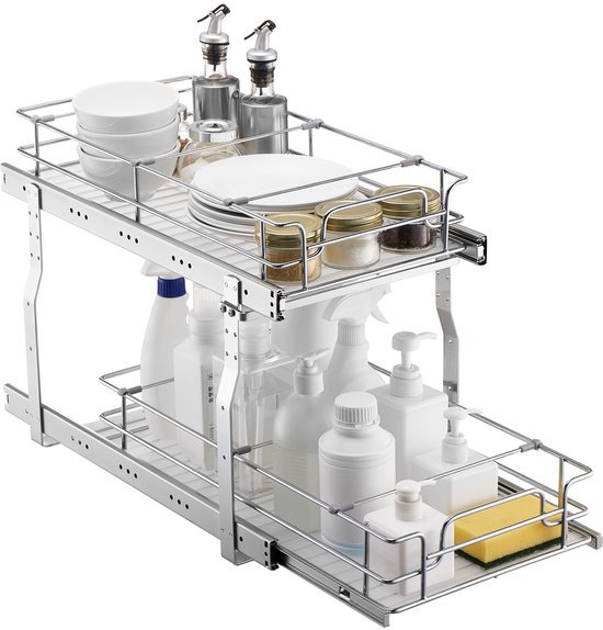 Unyqoos® Uittrekbaar keukenrek met twee niveaus voor efficiënte opbergruimte onder wastafel