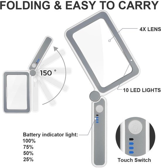 Unyqoos® Handzaam inklapbaar vergrootglas met verlichting voor lezen en handwerk