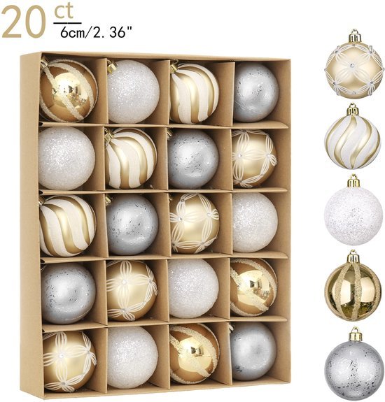 550x575-18.jpg Unyqoos® Set van 20 elegante kunststof kerstballen van 6 cm met goud en wit ontwerp