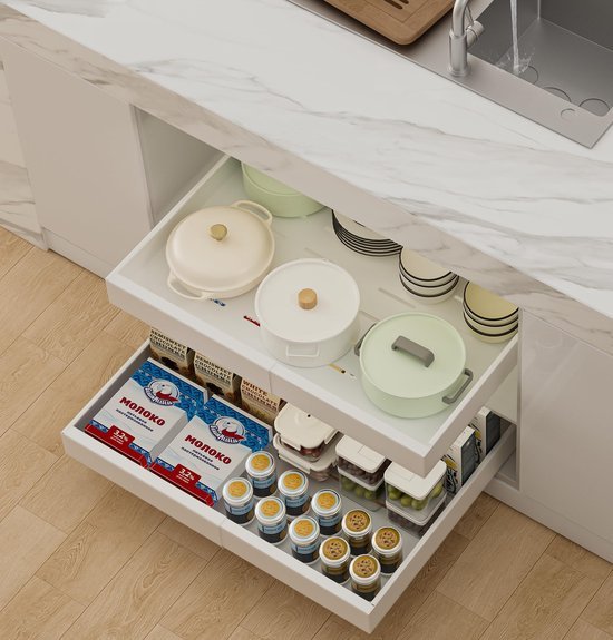 550x575-23.jpg Unyqoos ® Verstelbare Telescopische Keukenlade voor Eenvoudige Opslag en Organisatie in Huis