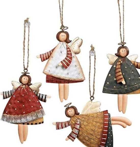 Unyqoos® Metalen engel kerstdecoratie set van 4 met sneeuwvlok patroon hangers