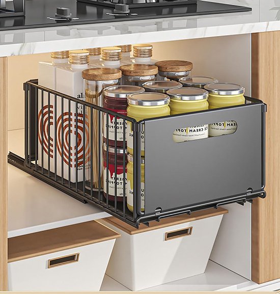 Unyqoos ® Uittrekbare Telescopische Lade Organizer voor Keuken- en Badkamerkasten zonder Boren of Spijkeren, Zwart