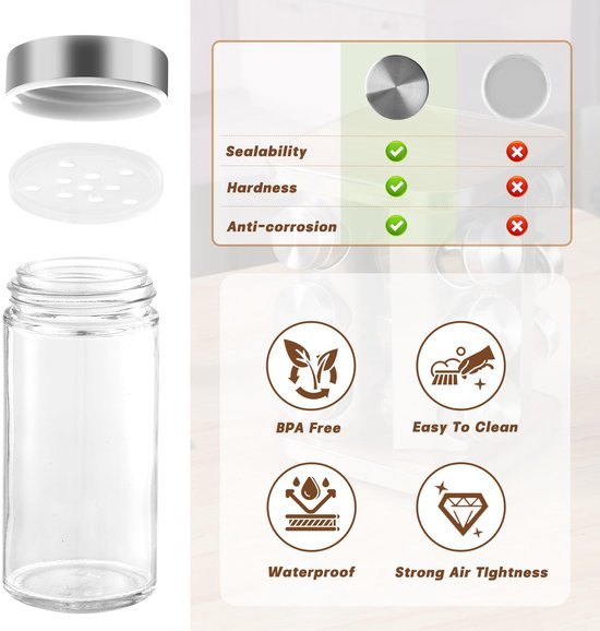 Unyqoos® Draaibaar kruidenrek met 12 glazen potjes en accessoires voor keukenorganisatie