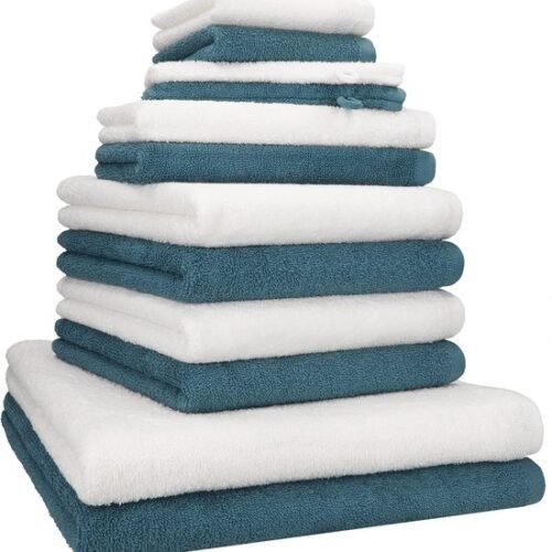 Unyqoos® Complete 12-delige handdoekenset in duifblauw en wit voor elke badkamer