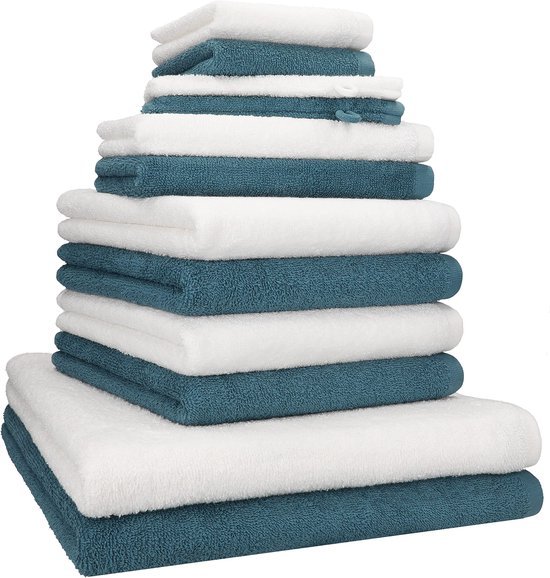 Unyqoos® Complete 12-delige handdoekenset in duifblauw en wit voor elke badkamer