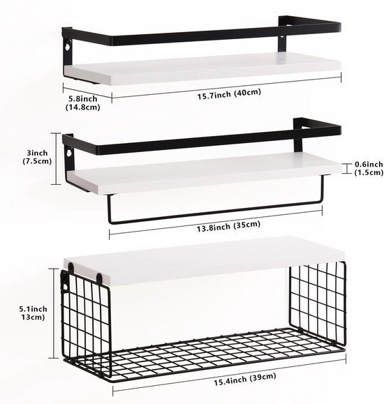 Unyqoos® Stijlvolle Wandplanken Set van 3 met Handdoekhouder en Metalen Opbergmand voor Meerdere Kamers
