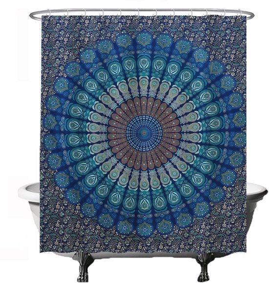 Unyqoos® Verfrissend Mandala Douchegordijn in Blauw - Waterafstotend en Schimmelwerend Met 12 Ringen