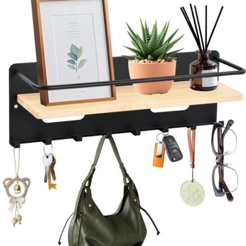 Unyqoos® Stijlvolle magnetische sleutelhouder met acht haken en houten plank