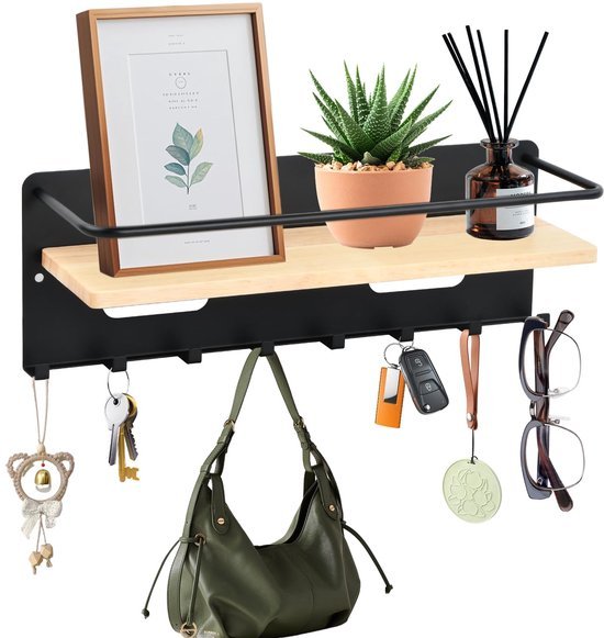 550x581-17.jpg Unyqoos® Stijlvolle magnetische sleutelhouder met acht haken en houten plank