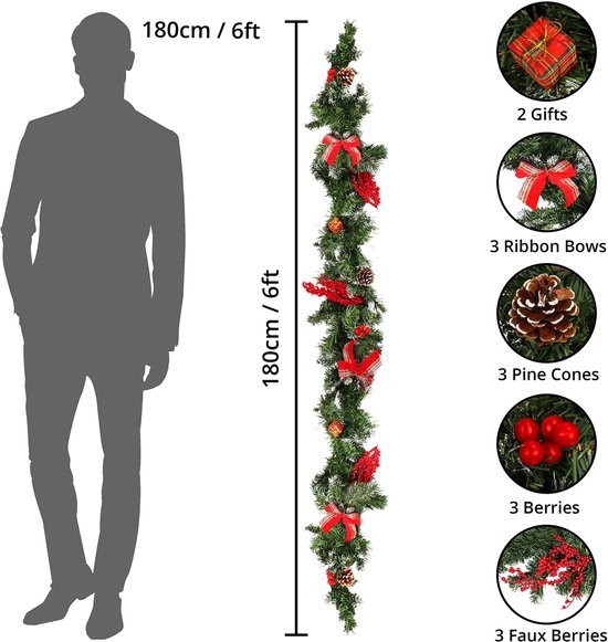 Unyqoos ® Kerst Slinger voor Binnen- en Buitendecoratie met Dennenappels en Bessen, 180 cm Lang