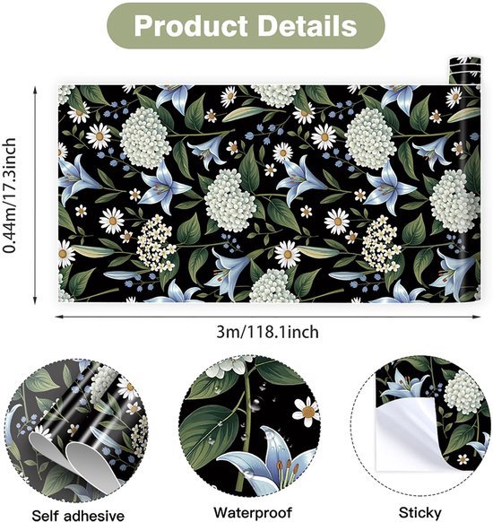 Unyqoos® Zelfklevend vintage bloemenbehang met zwarte achtergrond voor interieurdecoratie