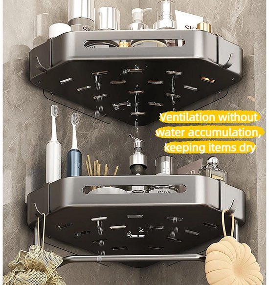 550x583-12.jpg Unyqoos® Zwarte hoekdoucheplank zonder boren met haken en stang voor badkamer