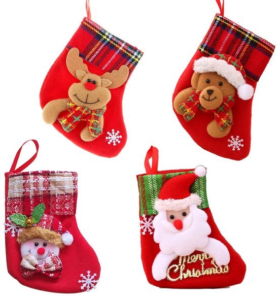 Unyqoos® Set van vier decoratieve kerstkousen voor feestelijke versiering en cadeaus