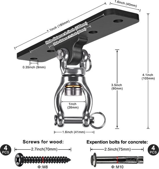 Unyqoos® Heavy Duty Bokszak Ophangsysteem voor Thuisgebruik met Stalen Bevestiging en 360° Rotatie