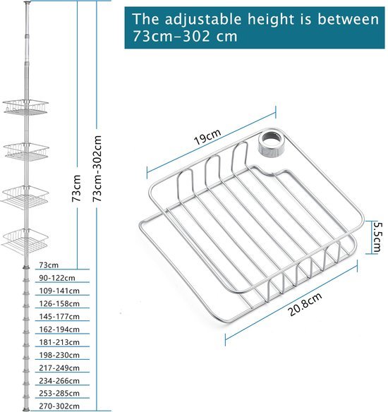 Unyqoos ® Telescopisch Hoekrek voor Badkamer zonder Boren met Verstelbare Douchemanden en Haken