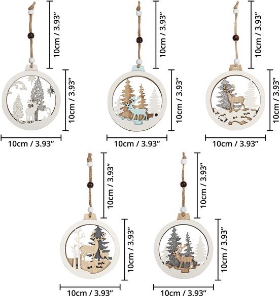 Unyqoos ® Houten Kerstdecoratie Set van 5 Stuks met Lasergesneden Ontwerpen voor Feestelijke Versiering