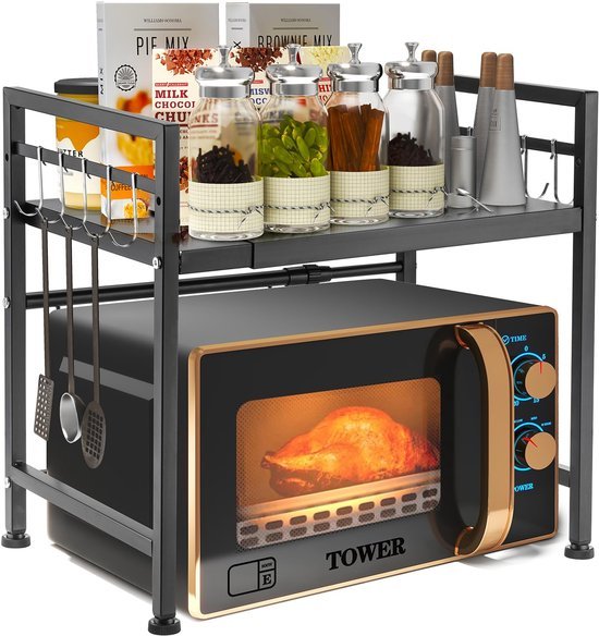 550x584-28.jpg Unyqoos ® Uitbreidbaar Keukenrek voor Magnetron, Broodrooster en Meer met Verstelbare Hoogte en Haken