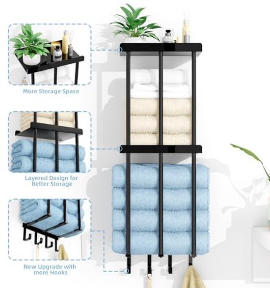 Unyqoos ® Stijlvolle Zelfklevende Handdoekhouder met Plank voor Badkamer en Wandmontage