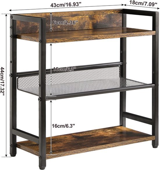 Unyqoos® Industrieel 3-laags Opbergrek voor Keuken, Kantoor en Woonkamer in Rustieke Stijl