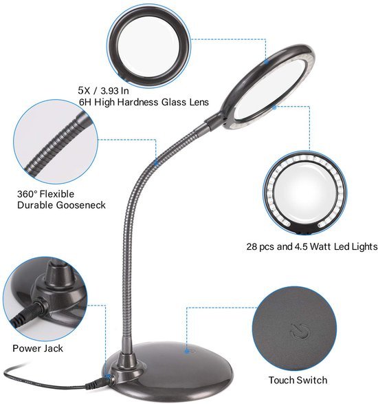 Unyqoos® Oplaadbare bureaulamp met vergrootglas en flexibele zwanenhals voor veelzijdig gebruik