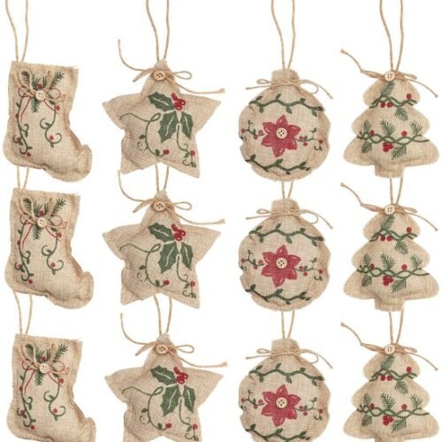 Unyqoos ® Set van 12 Handgemaakte Jute Kerstdecoraties voor een Traditionele Feestelijke Sfeer