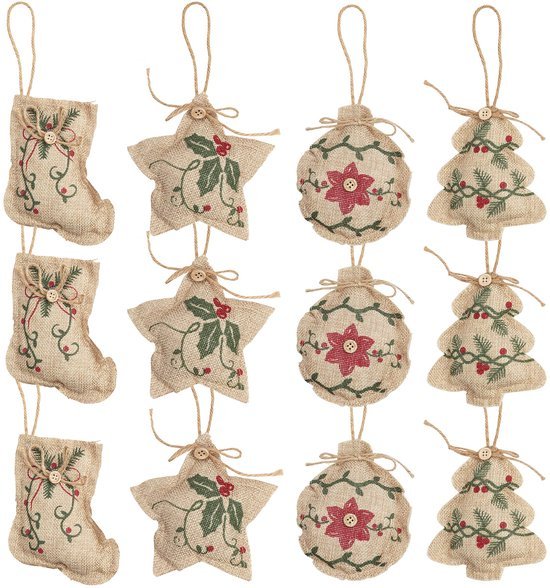 Unyqoos ® Set van 12 Handgemaakte Jute Kerstdecoraties voor een Traditionele Feestelijke Sfeer