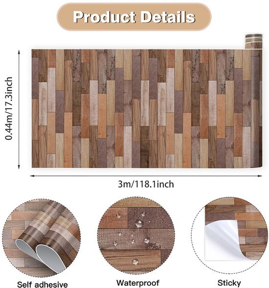 Unyqoos® Zelfklevend Bruin Houtlook Behang voor Meubelrenovatie en Interieurdecoratie (44 x 300 cm)