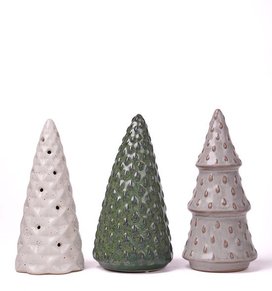 Unyqoos® Set van drie moderne keramische dennenboom sculpturen voor sfeervolle kerstdecoratie