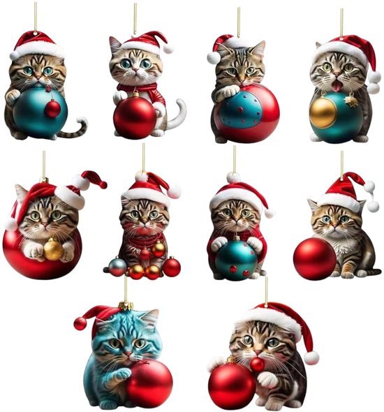 Unyqoos® Set van 10 Acryl Katten Ornamenten voor Kerstboom en Interieurdecoratie
