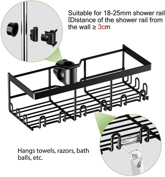 Unyqoos ® Innovatieve Badkamer Doucheplank Set voor Stangmontage zonder Boren, Roestvrij Staal, Zwart, 2 Stuks