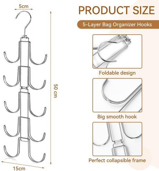 Unyqoos® Ruimtebesparende handtassen organizer met draaibare haken voor overzichtelijke opberging