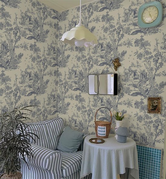 Unyqoos® Zelfklevend vintage behang met dieren en planten in beige en blauw