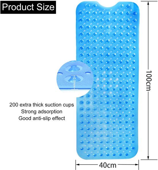 Unyqoos® Extra Lange Antislip Douchemat, Schimmelbestendig en Machinewasbaar, 100 x 40 cm, Transparant Blauw