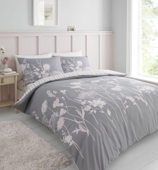 Unyqoos® Enkel Dekbedovertrek Set met Bloemenprint en Kussenslopen in Roze en Grijs