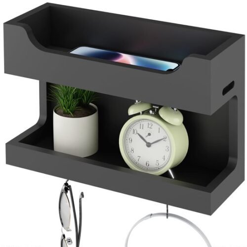 Unyqoos® Houten wandplank met dubbele opslag en magnetische haken voor multifunctioneel gebruik