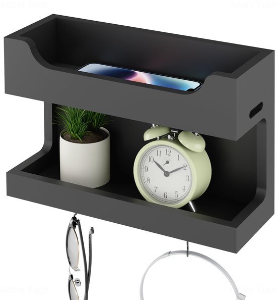 Unyqoos® Houten wandplank met dubbele opslag en magnetische haken voor multifunctioneel gebruik