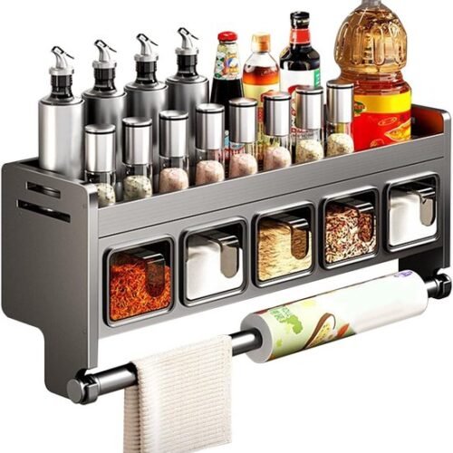 550x595-17.jpg Unyqoos® Wandrek voor kruiden en specerijen met keukenrolhouder en opbergbakken