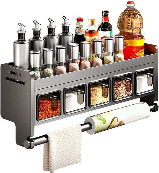 550x595-17.jpg Unyqoos® Wandrek voor kruiden en specerijen met keukenrolhouder en opbergbakken