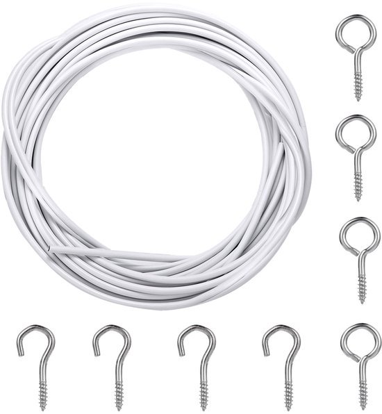 Unyqoos® Witte gordijndraad van 3 meter met schroefogen en haken voor veelzijdig gebruik