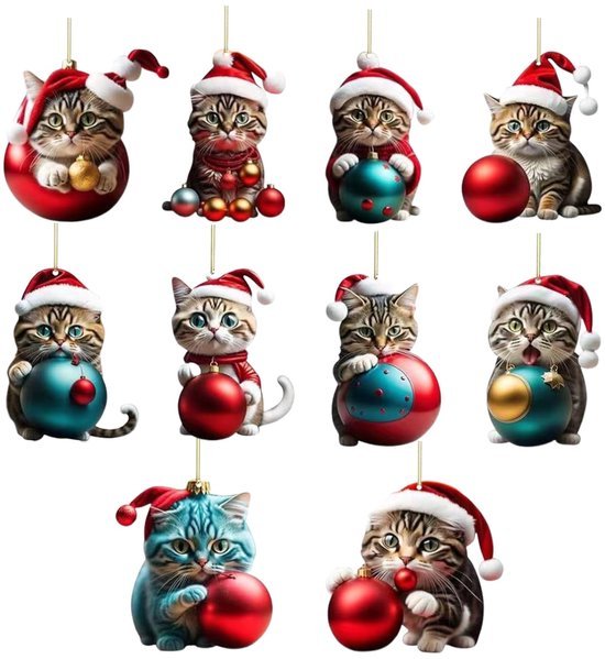 Unyqoos® Set van 10 Acryl Katten Ornamenten voor Kerstboom en Interieurdecoratie