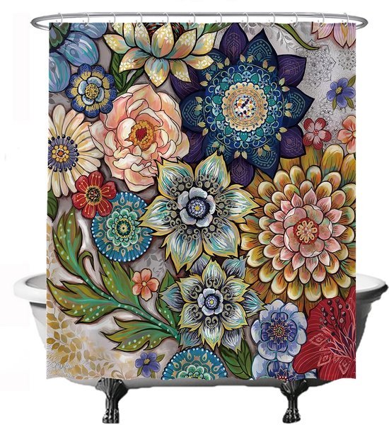 Unyqoos® Decoratief Douchegordijn met Levendige Bloemenprint en Kunstzinnige Natuurelementen, 180 x 200 cm, Wasbaar, Waterafstotend, Inclusief 12 Ophangringen